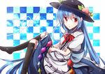  bad_id bad_pixiv_id blue_hair bow dress food fruit hat hinanawi_tenshi kinona long_hair open_mouth peach red_eyes ribbon solo touhou 