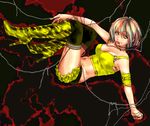  armband boots breasts chain cleavage frills green_eyes high_heels medium_breasts midriff mouth_hold multicolored_hair nail_polish navel original shoes short_hair shorts solo thighhighs wrapped_up yasuhito_(yasu_no_e) 