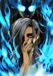  2boys androgynous blue_eyes blue_fire cape covering_mouth dual_persona fire glowing glowing_eyes grey_hair hair_ornament hairclip long_hair lunatic_(tiger_&amp;_bunny) male_focus mask multiple_boys nude pale_skin silver_hair superhero tiger_&amp;_bunny yuri_petrov 