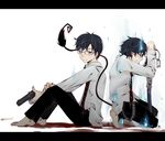  ao_no_exorcist bad_id bad_pixiv_id barefoot black_hair blue_eyes brothers glasses gun mole multiple_boys necktie okumura_rin okumura_yukio pointy_ears siblings striped striped_neckwear sword tail tbk4 weapon 