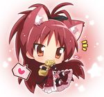  :3 animal_ears bag black_legwear bow cat_ears cat_tail chibi dress eating food hahifuhe hair_bow heart kemonomimi_mode long_hair mahou_shoujo_madoka_magica panties red_dress red_eyes red_hair sakura_kyouko shopping_bag solo tail taiyaki thighhighs underwear upskirt wagashi white_panties 