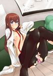  bad_id bad_pixiv_id blue_eyes breasts brown_hair cellphone long_hair makise_kurisu medium_breasts nagashii_kouhei necktie nipples open_clothes open_shirt panties pantyhose phone red_neckwear shirt solo steins;gate torn_clothes torn_legwear underwear 