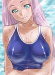  breasts dodai_shouji female gradient gradient_background highres long_hair one-piece_swimsuit original purple_hair school_swimsuit sho~taro smile solo swimsuit wet 