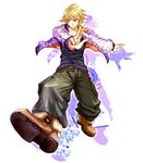  blonde_hair boots ivan_karelin jacket kikuharu letterman_jacket male_focus purple_eyes purple_jacket shuriken silhouette solo tiger_&amp;_bunny 