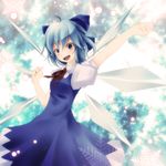  ahoge ascot bad_id bad_pixiv_id blue_dress blue_eyes blue_hair cirno dress hair_ribbon highres looking_at_viewer outstretched_arm ribbon s-syogo smile snowflakes solo touhou wings 