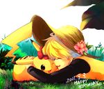  2011 bad_id bad_pixiv_id blonde_hair chuchu_(pokemon) closed_eyes fang fingernails flower gen_1_pokemon grass hair_flower hair_ornament happy_birthday hat hat_flower hug lying nature pikachu pokemon pokemon_(creature) pokemon_special sekka_koyori simple_background smile straw_hat white_background yellow_(pokemon) 