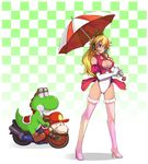  bare_shoulders blonde_hair blue_eyes boots breasts checkered checkered_background cleavage cleavage_cutout crown earrings elbow_gloves gloves goggles ground_vehicle headset high_heels highleg highleg_leotard jewelry kara_(color) large_breasts leotard long_hair mario mario_(series) motor_vehicle motorcycle objectification pink_footwear pink_legwear princess_peach race_queen revision shadow shoes smile standing super_mario_bros. thigh_boots thighhighs umbrella yoshi 