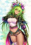  breasts crop_top dark_skin earrings flower gloves green_eyes green_hair hair_flower hair_ornament highres jewelry kara_(color) large_breasts long_hair midriff navel open_mouth original pointy_ears see-through solo thighhighs 