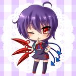  ahoge asymmetrical_wings black_hair black_legwear blue_wings bow bowtie chibi dress hand_on_hip houjuu_nue momojiri_aya one_eye_closed red_eyes red_wings short_hair smile solo thighhighs touhou wings zettai_ryouiki 