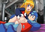  blonde_hair blue_eyes blush cum girl_on_top hair_ribbon incest nude ponytail ribbon rockman rockman_(character) rockman_(original) roll sex uncensored vaginal 