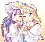  :d alice_margatroid arnest blonde_hair blue_eyes capelet cheek-to-cheek crescent hairband hat holding_hands interlocked_fingers long_hair multiple_girls one_eye_closed open_mouth patchouli_knowledge purple_eyes purple_hair smile touhou upper_body 