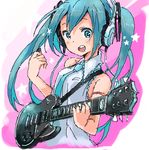  aqua_eyes aqua_hair armlet bad_id bad_pixiv_id bare_shoulders guitar hatsune_miku headphones instrument k-on! kirisawa_saki long_hair lowres necktie oekaki open_mouth parody plectrum round_teeth solo star style_parody teeth twintails vocaloid 