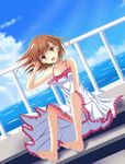  bad_feet barefoot brown_eyes brown_hair dress dutch_angle fang hair_ornament hairpin highres kamiko_to_seiryoku misaka_mikoto sitting solo sundress to_aru_kagaku_no_railgun to_aru_majutsu_no_index wind 