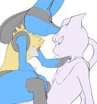  2018 ambiguous/ambiguous ambiguous_gender anthro blue_fur canine creambake duo eyes_closed feline fur legendary_pok&eacute;mon lucario mammal mewtwo nintendo pok&eacute;mon pok&eacute;mon_(species) side_view simple_background smile spikes video_games white_background 