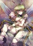  antennae breasts bug detached_collar green_hair hair_censor hair_over_breasts insect insect_girl insect_wings kara_(color) long_hair medium_breasts monster_girl original skull smile solo wings yellow_eyes 