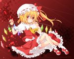  ascot bad_id bad_pixiv_id blonde_hair blush bobby_socks bow flandre_scarlet frilled_skirt frills hair_bow hat mary_janes nana_kusun red_eyes ribbon shoes short_hair side_ponytail skirt smile socks solo touhou vest wings wrist_ribbon 