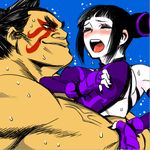  1girl bearhug black_hair blush bracelet breasts closed_eyes detached_sleeves drill_hair edmond_honda face facepaint fingerless_gloves gloves halter_top halterneck han_juri jewelry medium_breasts muscle nonjake pain ryona sideboob sidelocks spiked_bracelet spikes street_fighter street_fighter_iv_(series) sweat twin_drills 