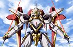  code_geass day dual_wielding holding lancelot_(code_geass) mecha no_humans sky sword takkayuuki weapon 