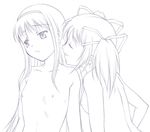  :/ akemi_homura breasts closed_eyes face faux_traditional_media flat_chest hairband head_tilt kaname_madoka long_hair looking_away mahou_shoujo_madoka_magica mashue monochrome multiple_girls nipples nude official_style short_hair simple_background small_breasts smile twintails upper_body yuri 