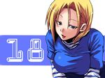  android_18 blonde_hair blue_eyes dragon_ball dragonball dragonball_z earrings female jewelry ooike_teru open_mouth shirt short_hair solo striped striped_shirt 