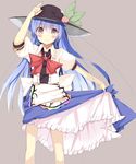  blue_hair bow deanoia dress food fruit hat hinanawi_tenshi long_hair md5_mismatch peach pink_eyes skirt_hold smile solo touhou 