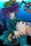  blue_eyes colorized dead_space drill gun hair_bobbles hair_ornament hat hat_removed headwear_removed highres kawashiro_nitori kayako_(tdxxxk) plasma_cutter pliers purple_hair satukiame solo tools touhou two_side_up underwater weapon 