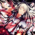  bad_id bad_pixiv_id dutch_angle fire foreshortening fujiwara_no_mokou grin kotonari_seesaa lying outstretched_arm outstretched_hand red_eyes smile solo suspenders touhou 