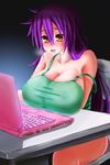  amber_eyes bare_shoulders blush breast_rest breasts breath canpy chair cleavage computer desk drooling erect_nipples huge_breasts laptop large_breasts long_hair open_mouth purple_hair saliva sitting solo table watching yellow_eyes 