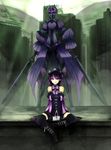  bad_id bad_pixiv_id black_legwear boots bow detached_sleeves ganesagi gloves hat highres long_hair pixiv_shadow pixiv_shadow_3 purple_eyes purple_hair shorts solo thighhighs v_arms 