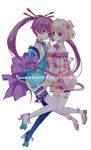  ar_tonelico ar_tonelico_iii bike_shorts blonde_hair blue_legwear bow braid detached_sleeves finnel hair_ornament high_heels holding_hands kurot lace lace-trimmed_thighhighs long_hair mismatched_legwear multiple_girls pink_eyes purple_eyes purple_hair saki_(ar_tonelico) shoes short_hair simple_background thighhighs twintails white_legwear zettai_ryouiki 