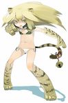 animal_ears armor bell bikini bikini_armor blonde_hair collar copyright_request flat_chest fur highres long_hair paws shoulder_pads side-tie_bikini solo swimsuit tail tail_bell tiger_ears tiger_tail ume_(datsuryokugen) yellow_eyes 