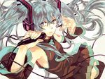  aqua_eyes aqua_hair detached_sleeves green_nails hatsune_miku headphones headset long_hair mrbr nail_polish necktie skirt solo thighhighs twintails very_long_hair vocaloid zettai_ryouiki 