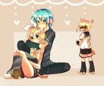  2boys aqua_eyes aqua_hair bad_id bad_pixiv_id blonde_hair blush genderswap genderswap_(ftm) hair_ornament hair_ribbon hairclip hatsune_mikuo headphones headset hug kagamine_len kagamine_rin multiple_boys ribbon short_hair shorts sitting surprised vocaloid 