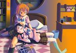  bed blue_bow blush bow futari_wa_precure kneehighs long_hair maybe mirror misumi_nagisa multiple_girls orange_hair precure purple_hair red_eyes reflection school_uniform serafuku short_hair sleeping smile socks thighhighs verone_gakuin_school_uniform very_long_hair yukishiro_honoka zettai_ryouiki 