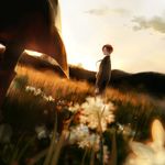  axis_powers_hetalia blurry boots cape cloud dandelion depth_of_field dutch_angle field flower looking_at_another looking_back male_focus northern_italy_(hetalia) out_of_frame outdoors pants rei_(sanbonzakura) sky smile solo_focus standing sunset 