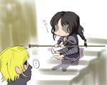  1boy 1girl artist_request balancing barefoot black_hair blonde_hair cape chibi demon's_souls long_hair maiden_in_black short_hair slayer_of_demons souls_(from_software) staff stairs 