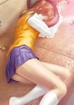  blue_skirt brown_hair kneehighs legs lying melty_blood miniskirt niwatori_takeshi on_side realistic school_uniform skirt sleeping socks solo tsukihime twintails yumizuka_satsuki 