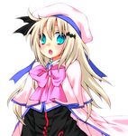  blonde_hair bow brown_hair cape fang hat highres little_busters! long_hair nekokan. noumi_kudryavka pink_bow school_uniform solo 