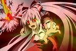  angry bad_id bad_pixiv_id bangs blunt_bangs bow eruption explosion fire foreshortening fujiwara_no_mokou hair_bow hair_ribbon hands karu long_hair open_mouth outstretched_arm outstretched_hand reaching red_eyes ribbon shirt silver_hair smoke solo touhou volcano white_shirt 