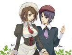  1girl beret black_eyes black_hair brown_hair dress fujiwara_hiro gem hat holding_hands kanon_(umineko) leaf necktie shannon short_hair smile umineko_no_naku_koro_ni white_background 