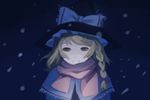  blonde_hair braid capelet grin hat kirisame_marisa night scarf smile snow solo touhou weee_(raemz) winter_clothes witch_hat yellow_eyes 