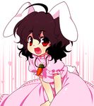  :d ahoge animal_ears brown_hair bunny_ears bunny_tail carrot carrot_necklace inaba_tewi jewelry kiri_futoshi looking_at_viewer necklace open_mouth pendant red_eyes smile tail touhou 