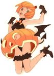  bow copyright_request full_body gloves halloween high_heels jack-o'-lantern midriff navel nishieda open_mouth orange_eyes orange_hair pumpkin pumpkin_costume ribbon shoes short_hair simple_background solo tail white_background wings 