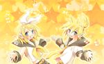  1girl blonde_hair blue_eyes brother_and_sister hair_ornament hair_ribbon hairclip hashi_moto headphones kagamine_len kagamine_rin necktie ribbon siblings twins vocaloid yellow_neckwear 