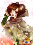  antenna_hair brown_eyes brown_hair cloak detached_sleeves dirge_of_cerberus_final_fantasy_vii final_fantasy final_fantasy_vii hair_flip hood looking_back materia short_hair shorts smile solo yuffie_kisaragi yusoson 