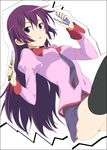  bakemonogatari long_hair mizuki_makoto monogatari_(series) purple_hair senjougahara_hitagi solo thighhighs zettai_ryouiki 