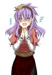  alternate_hairstyle bad_id bad_pixiv_id blush closed_eyes hair_ornament hairband hands_clasped leaf_hair_ornament long_hair ogera_okera open_mouth own_hands_together pantyhose purple_hair smile solo sweatdrop touhou yasaka_kanako 
