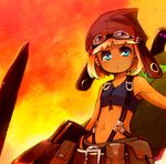  :&lt; ballista_(sekaiju) belt blonde_hair bloodink blue_eyes dark_skin flat_chest goggles goggles_on_head hat huge_weapon midriff navel pouch sekaiju_no_meikyuu sekaiju_no_meikyuu_3 short_hair solo suspenders weapon 