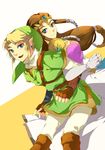  1girl back-to-back blonde_hair blue_eyes brown_hair couple earrings elbow_gloves gloves hetero jewelry link long_hair muse_(rainforest) pointy_ears princess_zelda smile the_legend_of_zelda the_legend_of_zelda:_twilight_princess tiara 