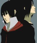  back-to-back black_hair closed_eyes grey_background headband highres koujikoujikouji logo long_hair multiple_boys naruto naruto_(series) simple_background uchiha_itachi uchiha_sasuke 